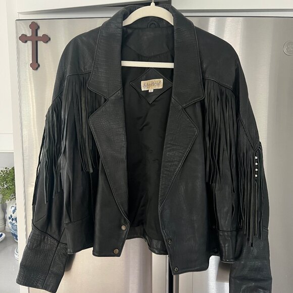 Vintage Jackets & Blazers - Vintage Black Leather Fringe Jacket
